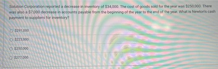 Solved Solution Corporation reported a decrease in inventory | Chegg.com