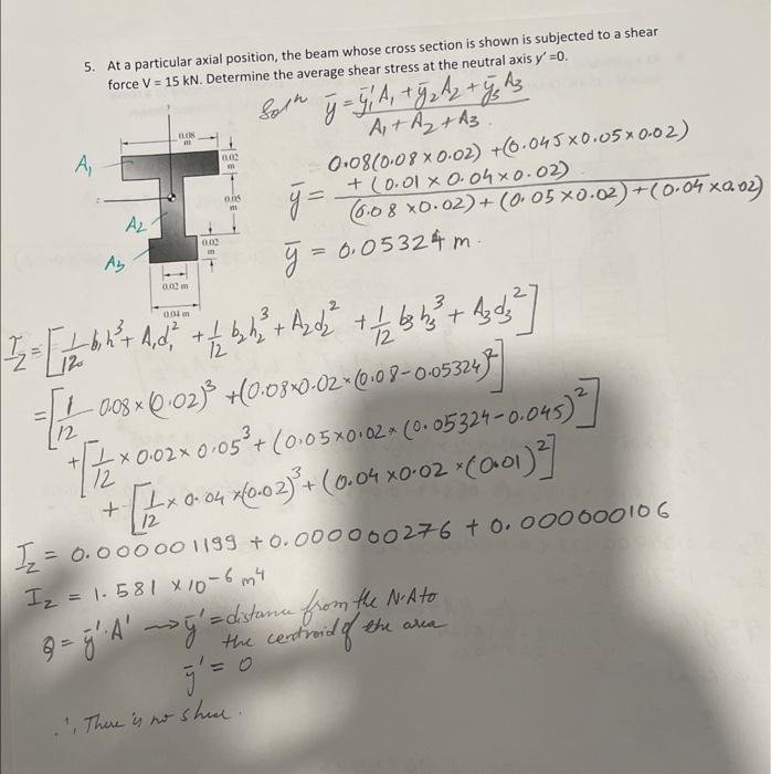 5. At a particular axial position, the beam whose cross section is shown is subjected to a shear force \( V=15 \mathrm{kN} \)