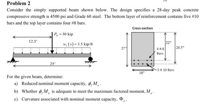 Consider the simply supported beam shown below. The design specifies a 28-day peak concrete compressive strength is \( 4500 \