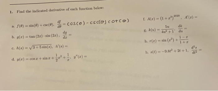 Solved 1 Find The Indicated Derivative Of Each Function Chegg Com