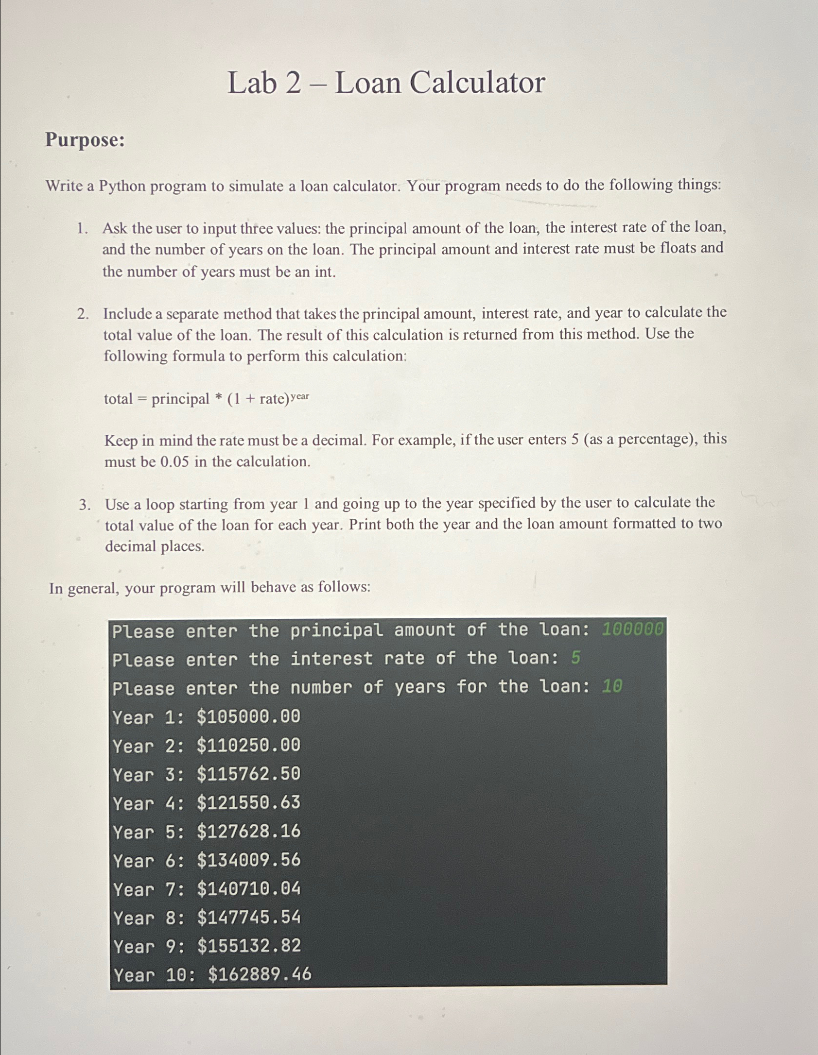 Solved Lab 2 - ﻿Loan CalculatorPurpose:Write a Python | Chegg.com