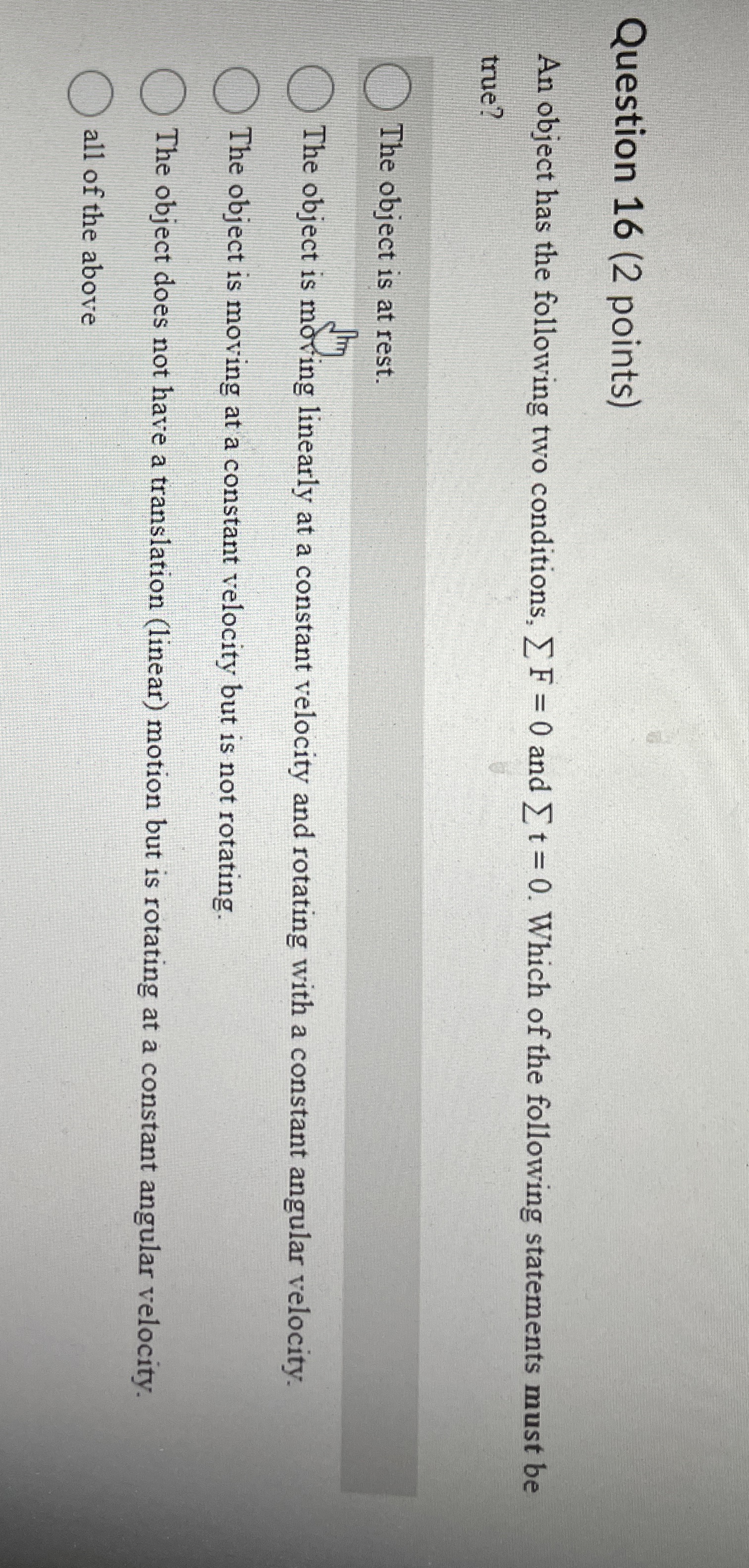 Solved Question 16 (2 ﻿points)An object has the following | Chegg.com