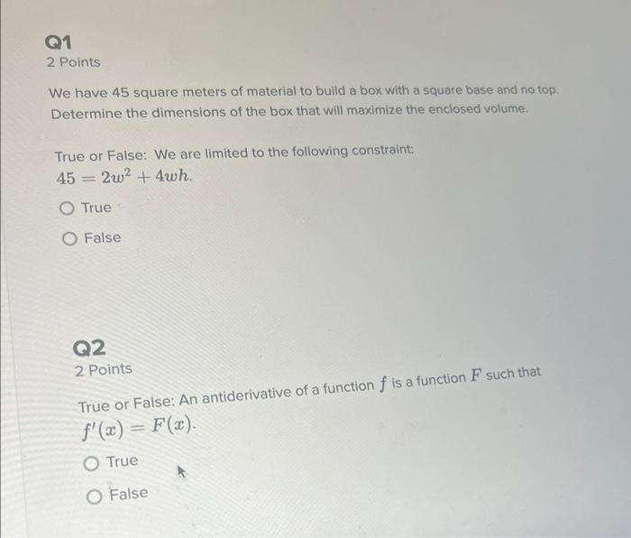 Solved 2 Points We have 45 square meters of material to | Chegg.com