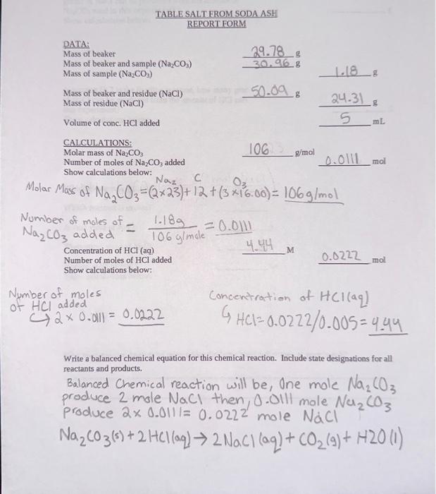 Solved Concentration of HCl (aq) Number of moles of HCl | Chegg.com