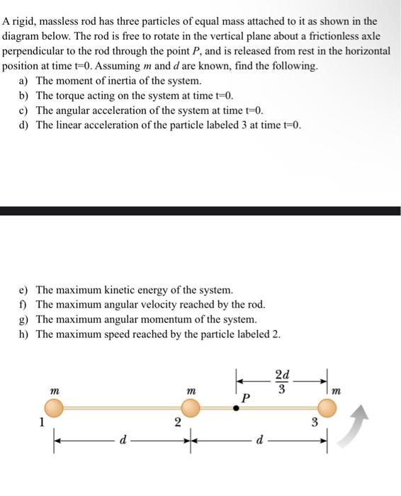 Solved A rigid, massless rod has three particles of equal | Chegg.com