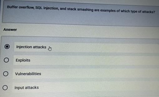 Solved Buffer overflow, SQL injection, and stack smashing | Chegg.com