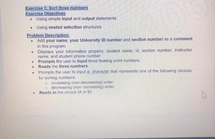 Solved Exercise 3: Sort three numbers Exercise Objectives • | Chegg.com
