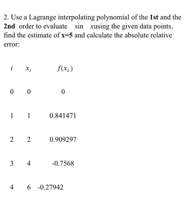 Solved 2. Use a Lagrange interpolating polynomial of the 1st | Chegg.com