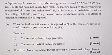 Solved A 3-phase, 4-pole, Y-connected synchronous generator | Chegg.com