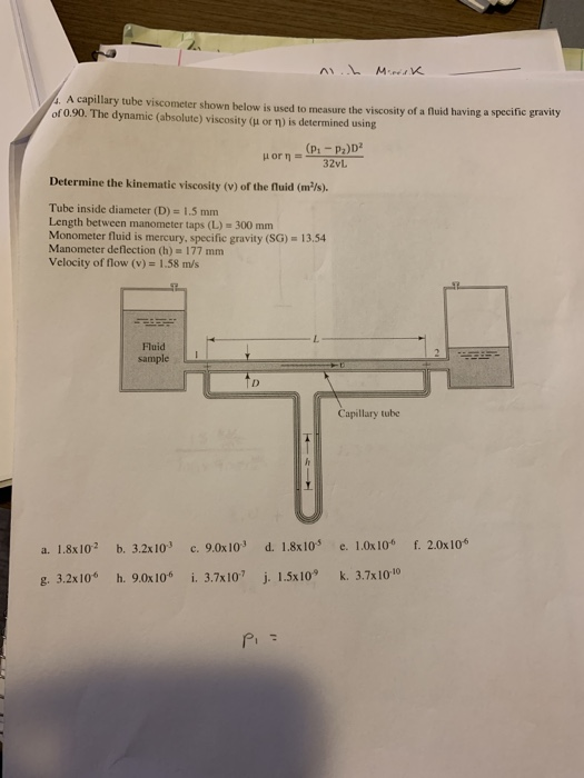 Solved Ni H Mirrisk A Capillary Tube Viscometer Shown Be Chegg Com