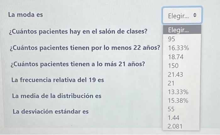 La moda es ¿Cuántos pacientes hay en el salón de clases? \begin{tabular}{l|l} ¿Cuántos pacientes tienen por lo menos 22 años