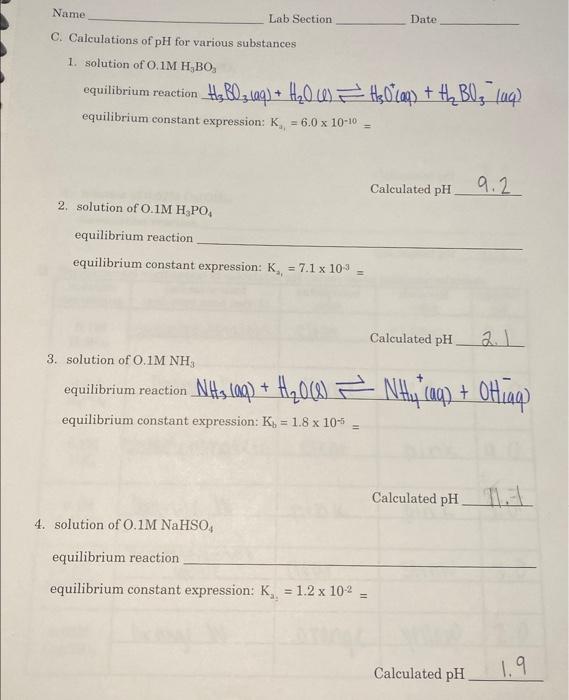 Solved C. Calculations of pH for various substances 1. | Chegg.com