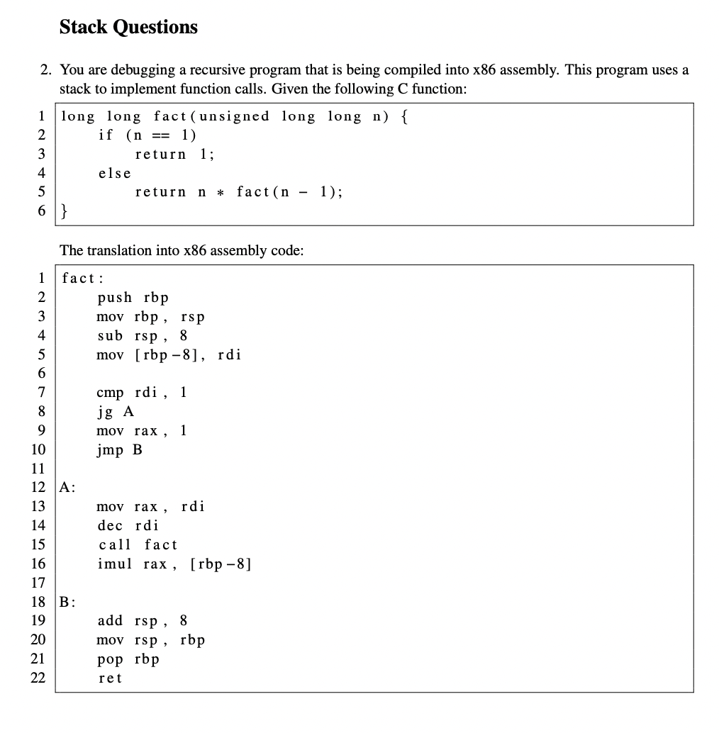 Solved Stack Questions 2. You are debugging a recursive | Chegg.com