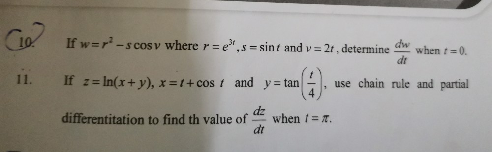 Solved If W R Cos V Where R E S Sint And V 2t Chegg Com