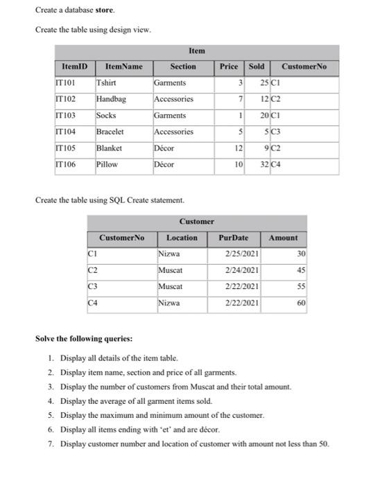 Solved Create a database store Create the table using design | Chegg.com