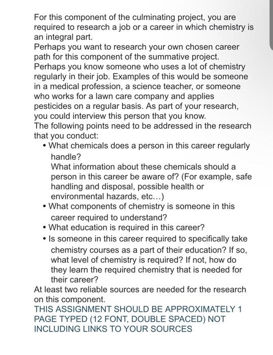 Solved For this component of the culminating project, you | Chegg.com