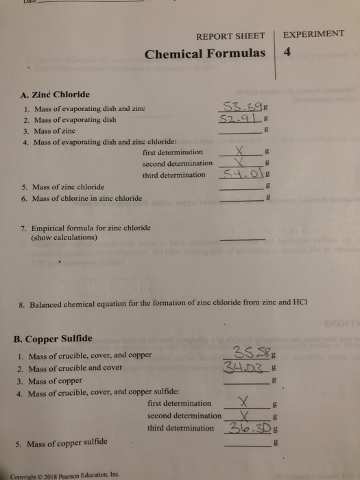 Solved EXPERIMENT REPORT SHEET Chemical Formulas 4 53.398