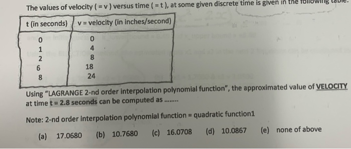 Solved The values of velocity ( = v) versus time (=t), at | Chegg.com