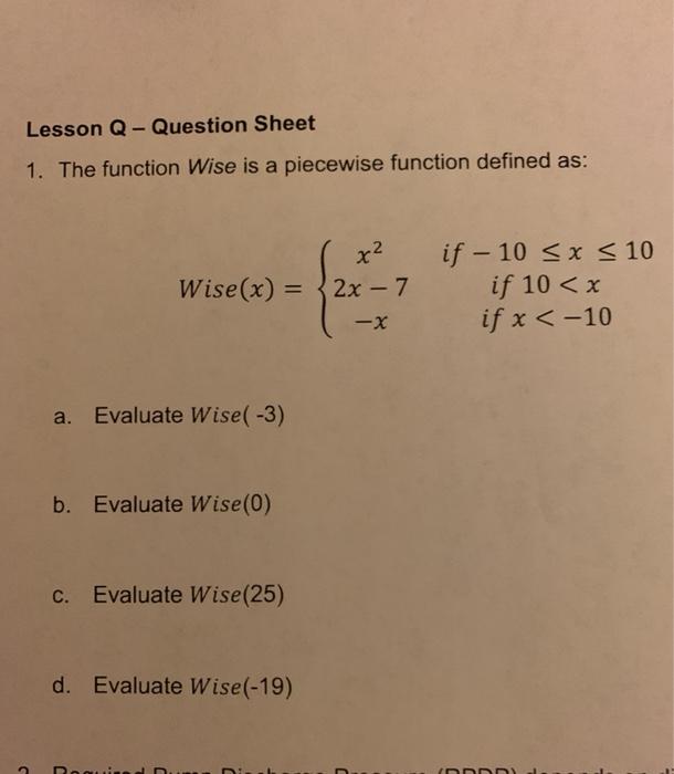 Solved Lesson Q- Question Sheet 1. The function Wise is a | Chegg.com