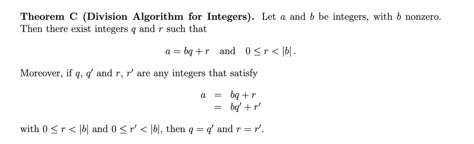 Solved Theorem C (Division Algorithm for Integers). ﻿Let a | Chegg.com
