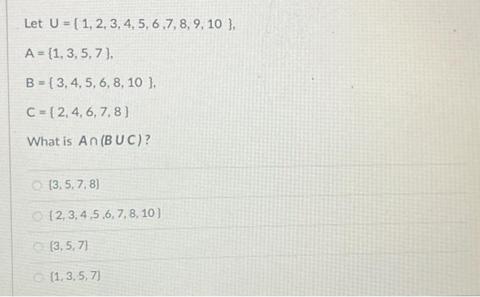Solved Let U={1,2,3,4,5,6,7,8,9,10}, | Chegg.com