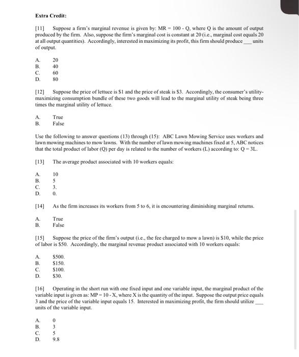 Solved Extra Credit: [11] Suppose a firm's marginal revenue | Chegg.com