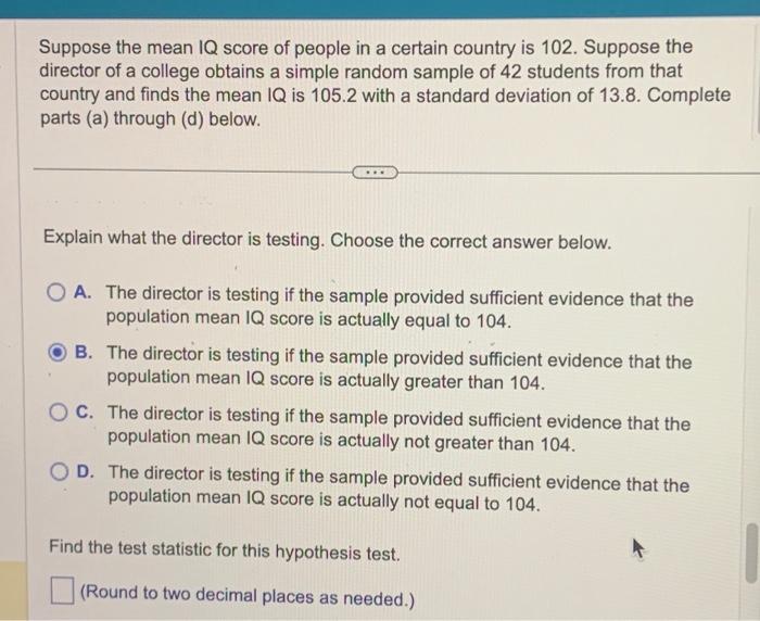 Solved Suppose the mean IQ score of people in a certain | Chegg.com