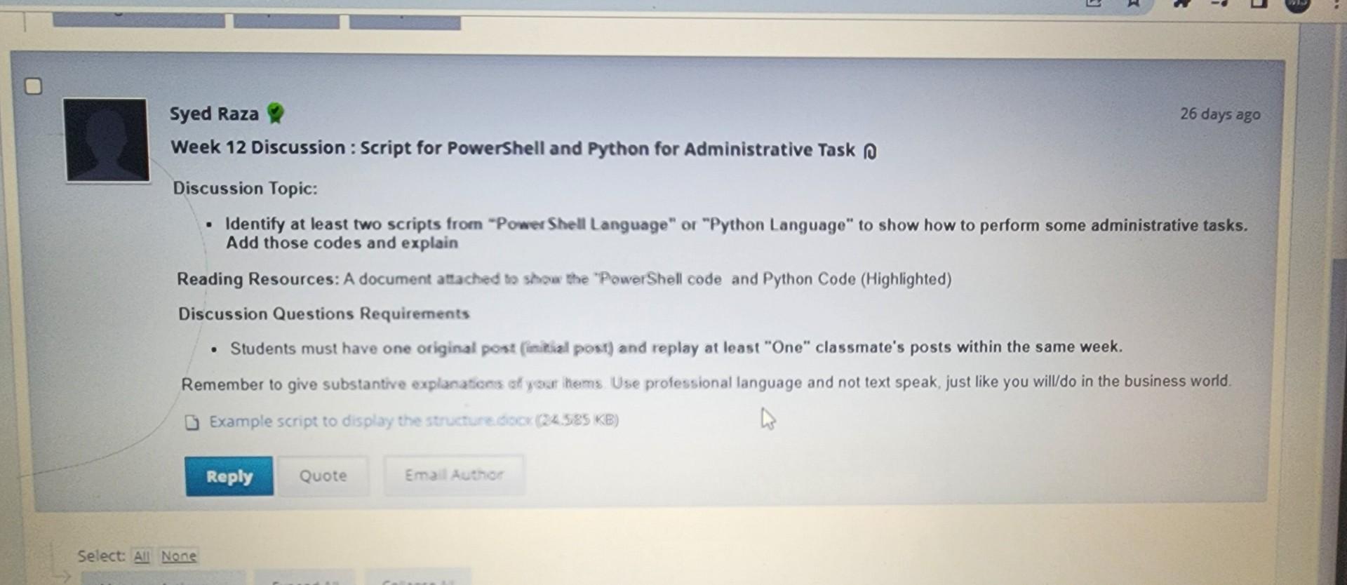 Solved Week 12 Discussion : Script for Powershell and Python | Chegg.com