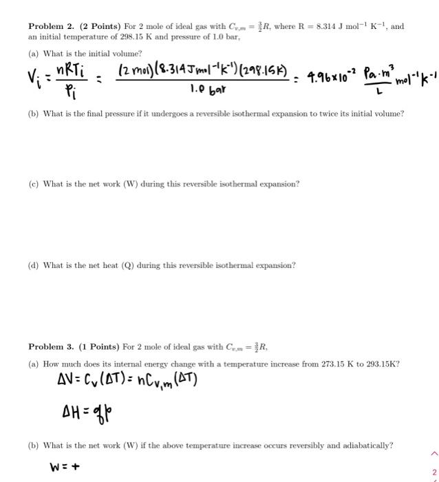 Solved Problem 2. (2 Points) For 2 mole of ideal gas with | Chegg.com