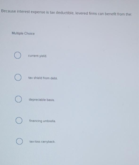 Solved Because interest expense is tax deductible, levered