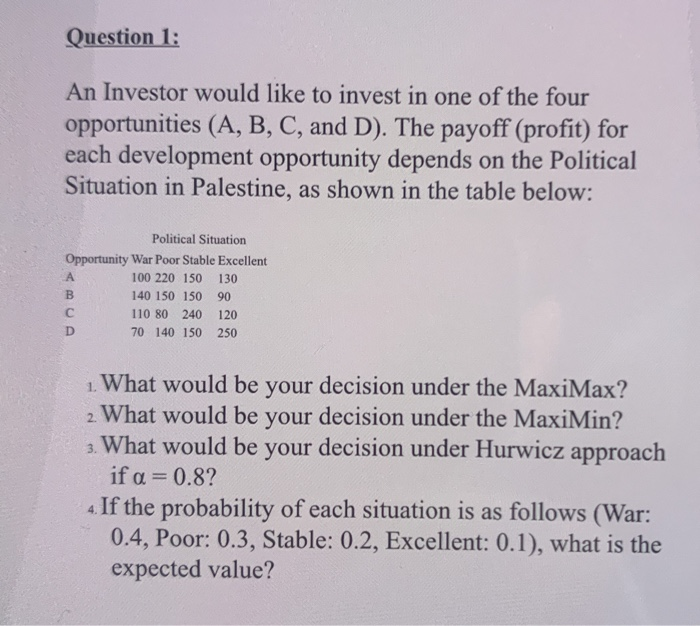 Solved Question 1: An Investor Would Like To Invest In One | Chegg.com