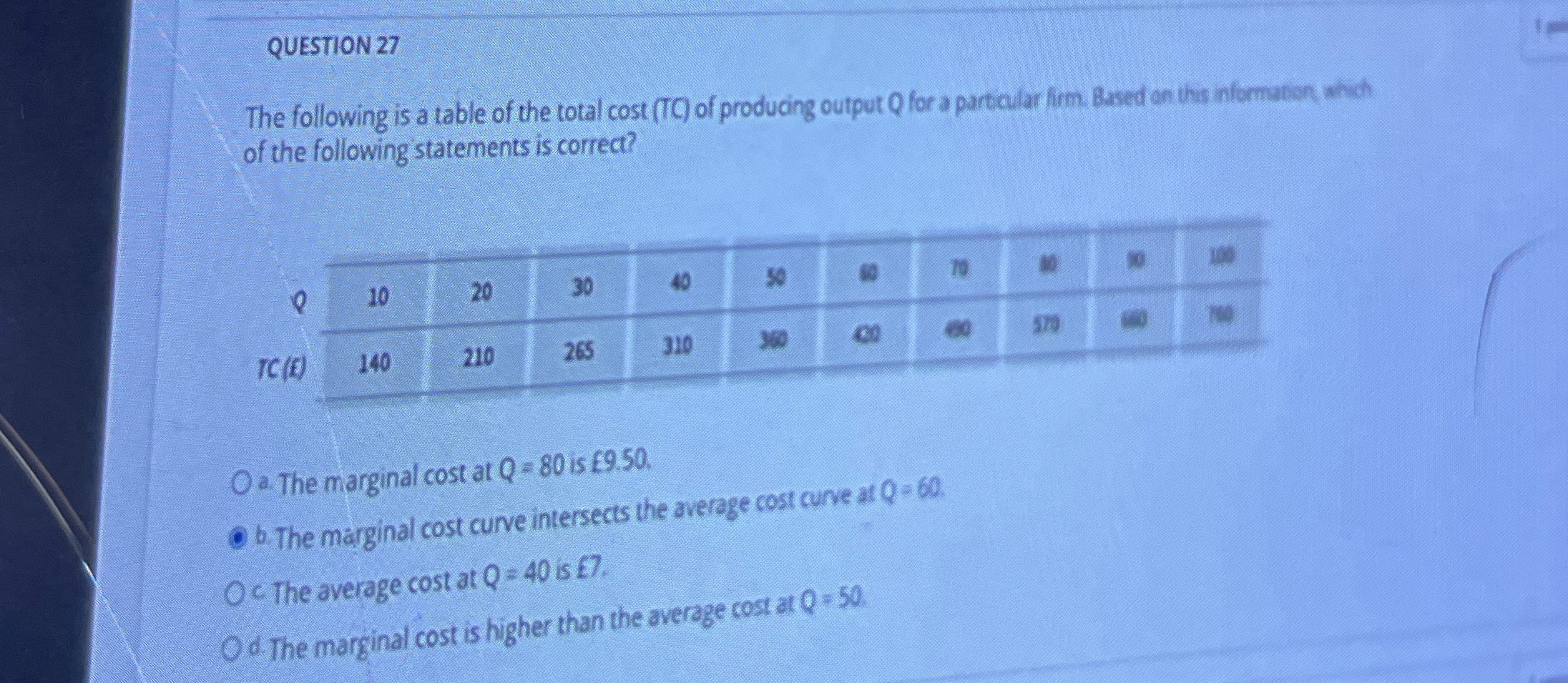Solved QUESTION 27The following is a table of the total cost | Chegg.com
