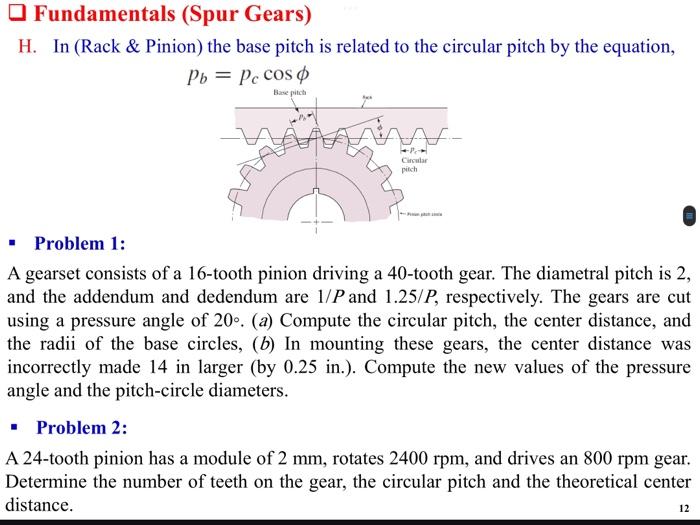 Solved Fundamentals (Spur Gears) H. In (Rack & Pinion) the | Chegg.com