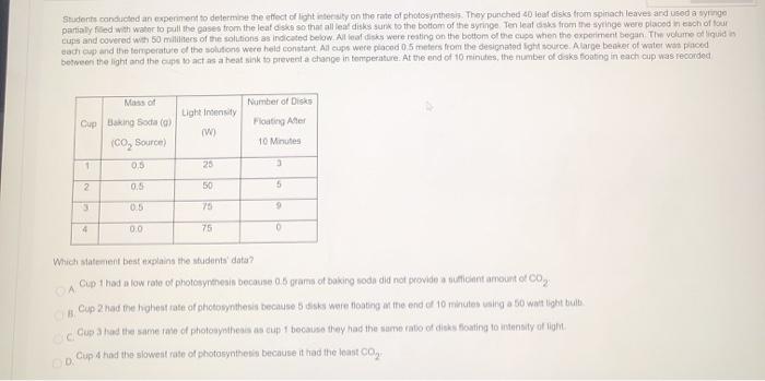Solved Students conducted an experiment to determine the | Chegg.com