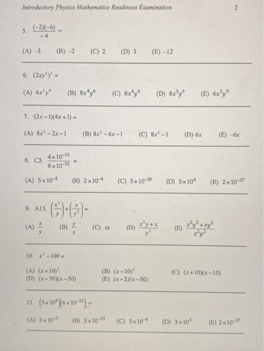 Solved Introductory Physics Mathematics Readiness | Chegg.com