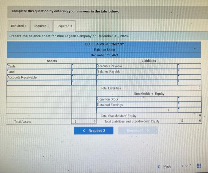 Complete this question by entering your answers in the tabs below.
Prepare the balance sheet for Blue Lagoon Company on Decem