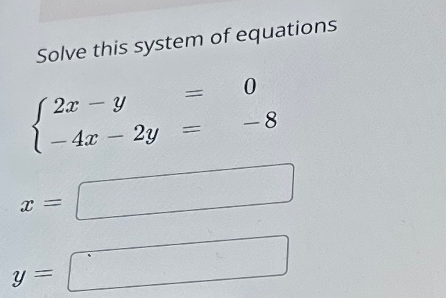 Solved Solve this system of equations2x-y=0-4x-2y=-8x=y= | Chegg.com