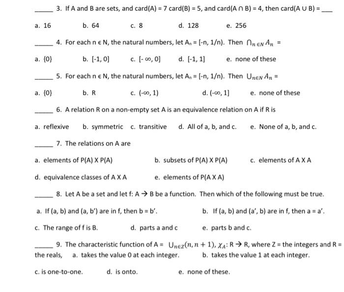 Solved 3. If A And B Are Sets, And Card(A)=7card(B)=5, And | Chegg.com