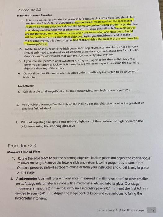 Solved Field of View Diameter (um) Review Questions 1. Fill