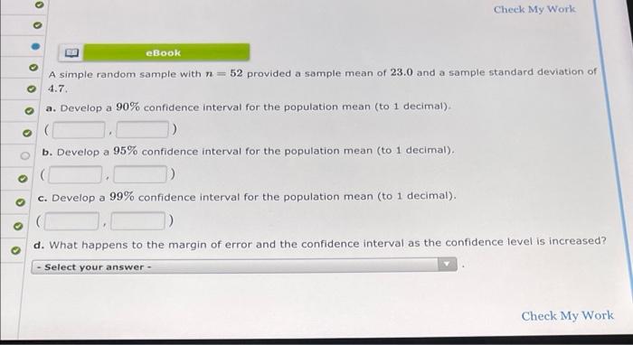 Solved Check My Work eBook A simple random sample with n = | Chegg.com