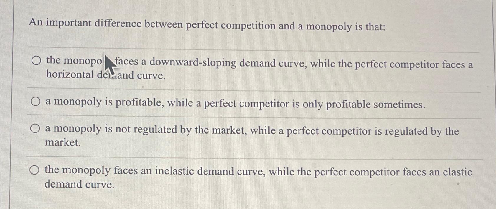 Solved An important difference between perfect competition | Chegg.com