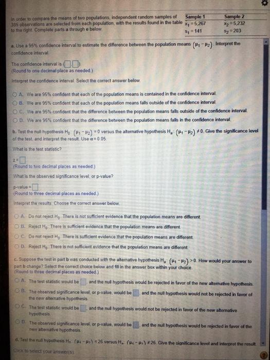 Solved Sample 1 In order to compare the means of two | Chegg.com