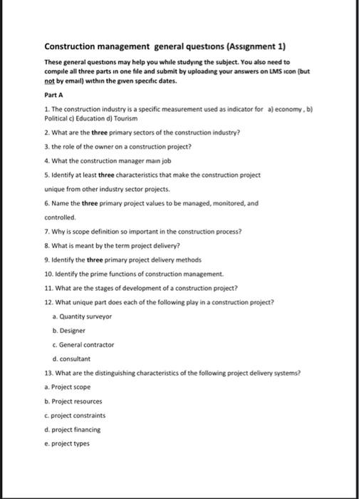 Solved Construction management general questions (Assignment | Chegg.com