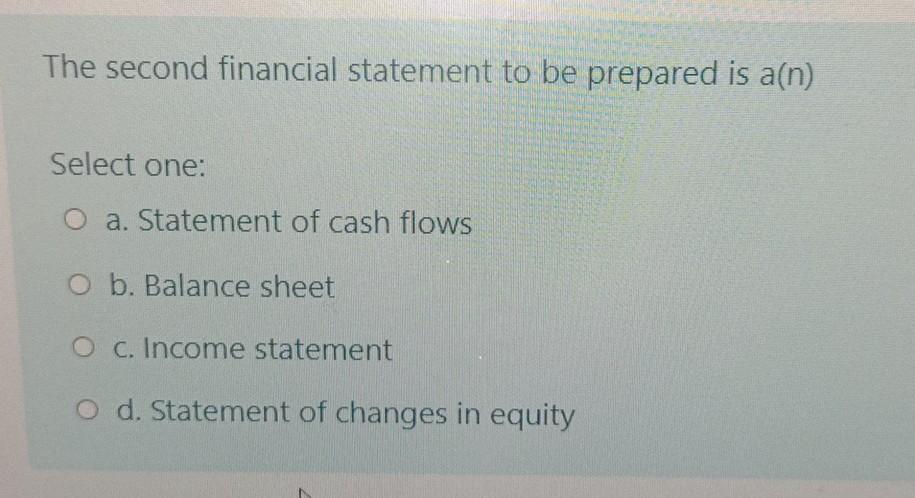 Solved The Second Financial Statement To Be Prepared Is A(n) | Chegg.com