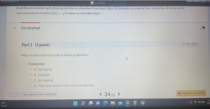 Solved David Ricardo modeled agricultural production as a | Chegg.com