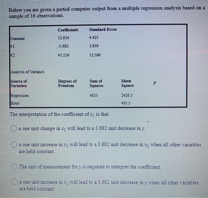 Solved Below you are given a partial computer output from a | Chegg.com