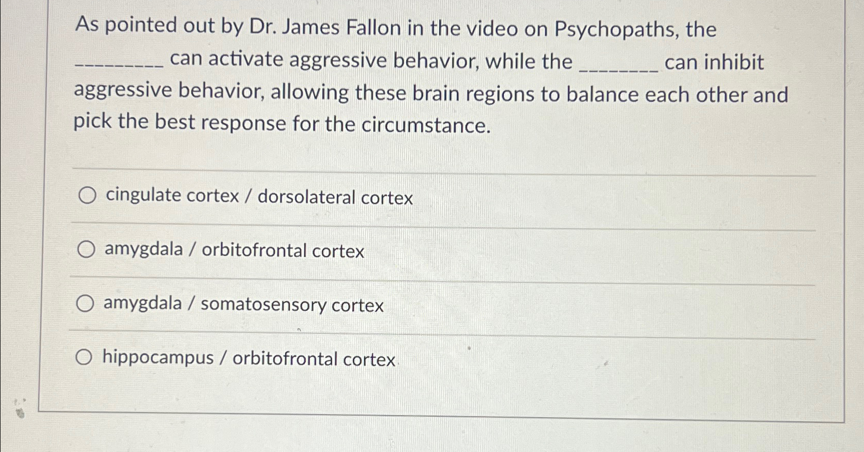 Solved As pointed out by Dr. ﻿James Fallon in the video on | Chegg.com
