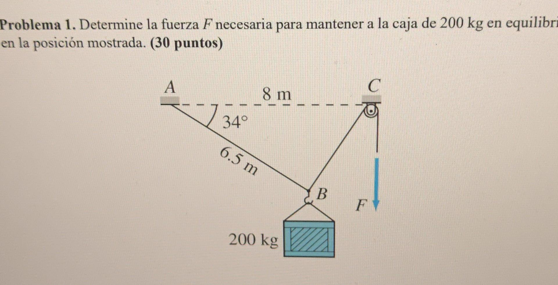 Problema 1. Determine la fuerza \( F \) necesaria para mantener a la caja de \( 200 \mathrm{~kg} \) en equilibr en la posició