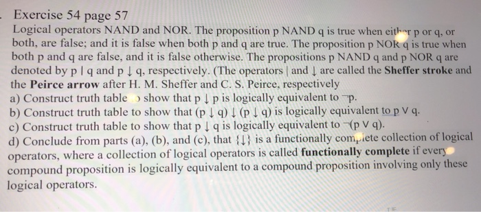 Solved Exercise 54 page 57 Logical operators NAND and NOR. | Chegg.com