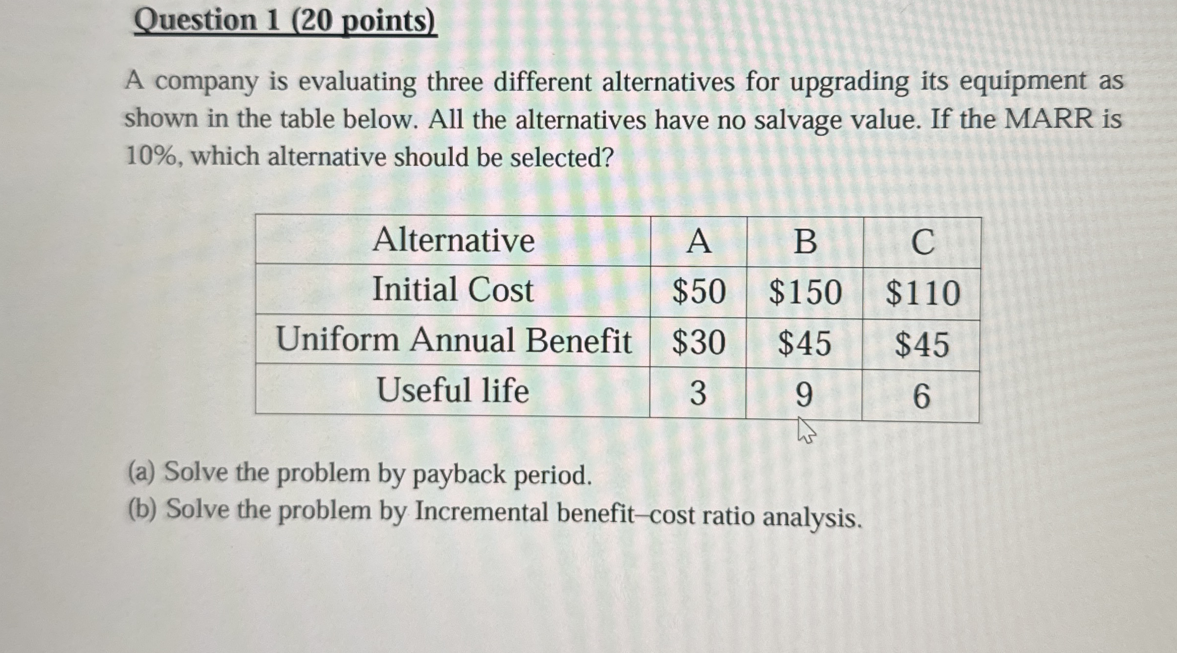Solved Question 1 ( 20 ﻿points)A company is evaluating three | Chegg.com